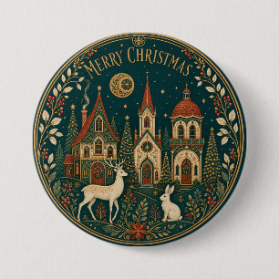 Badge Rond 7,6 Cm Village de Noël enchanté et doré