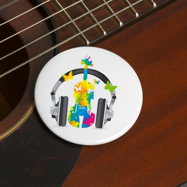 Badge Rond 7,6 Cm Violon Abstrait avec casque et musique (Créateur téléchargé)