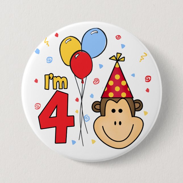 Badge Rond 7,6 Cm Visage de singe 4e anniversaire (Devant)