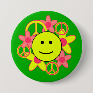 Badge Rond 7,6 Cm Visage de sourire avec des signes et des fleurs de