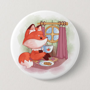 Badge Rond 7,6 Cm Watercolor Fox having Tea and Biscuits
