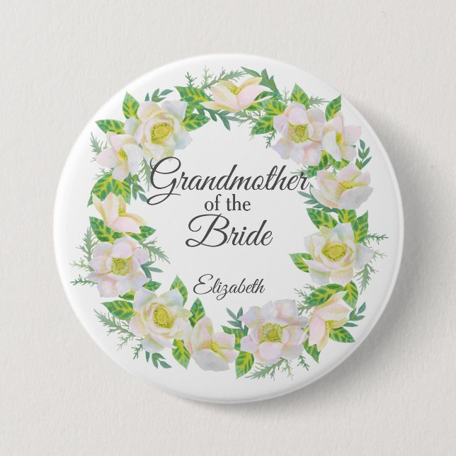Badge Rond 7,6 Cm White Floral Wreath Grandmother of the Bride (Devant)