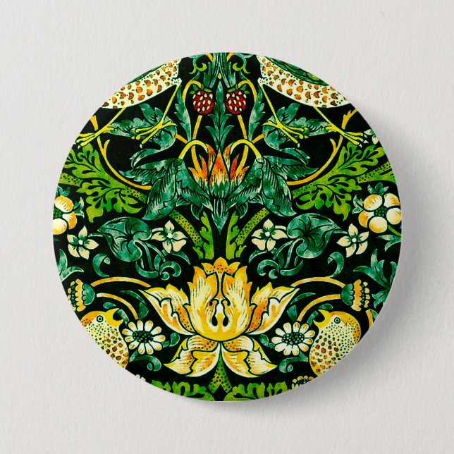 Badge Rond 7,6 Cm William Morris Strawberry Thief Vert Et Orange (Devant)