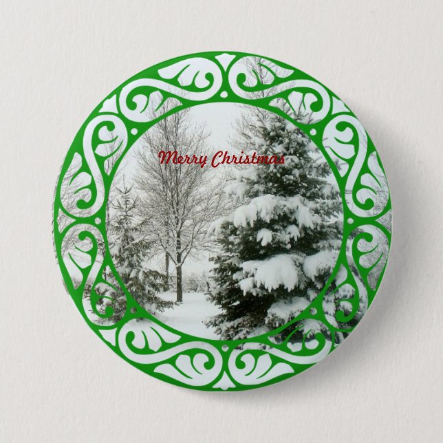 Badge Rond 7,6 Cm Winter Fir Trees, Merry Christmas (Devant)