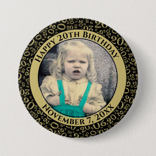 Badge Rond 7,6 Cm Your Photo 20th Birthday Number Black/Gold Pattern