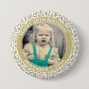 Badge Rond 7,6 Cm Your Photo 20th Birthday Random Number Gold