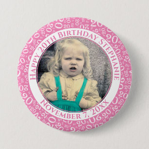 Badge Rond 7,6 Cm Your Photo 20th Birthday Random Number Pink
