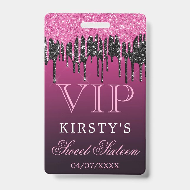 Badge Rose chic noir pailleté gouttes VIP Sweet Sixteen (Avant)