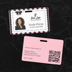 Badge Rose chic rayures noires bords festonnés et nœud