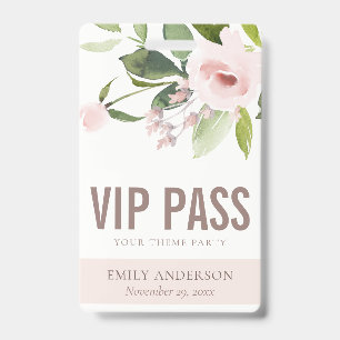BADGE ROSE FLORAL ROSE PÂLE VIP INVITATION THÈME DE PART