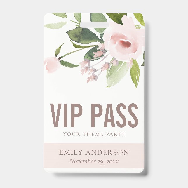 BADGE ROSE FLORAL ROSE PÂLE VIP INVITATION THÈME DE PART (Avant)