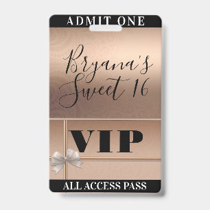 Badge Rose Gold brillant & Bow Sweet 16 Party VIP Pass