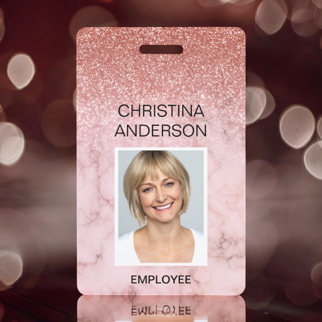 Badge Rose Gold Pailletés Nom de l'employé Photo Entrepr (Créateur téléchargé)