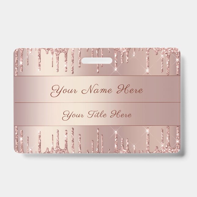 Badge Rose Gold Parties scintillant Nom personnalisé Bad (Avant)