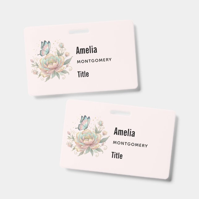 Badge Rose Magique et Papillon Couleurs Pastel (Avant & arrière)