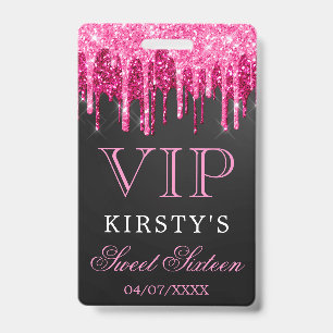 Badge Rose Pâle Noir Paillettes Qui Coulent Sweet Sixtee