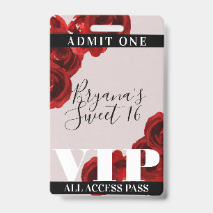 Badge Roses Rouges Chic Rustique Sweet 16 Passe VIP