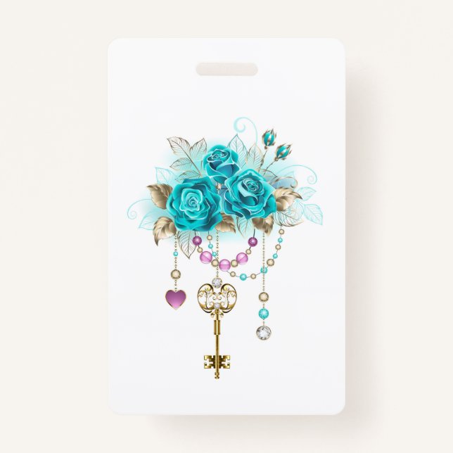 Badge Roses turquoise avec touches (Devant)