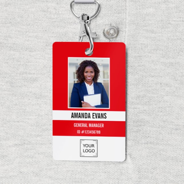 Badge ROUGE | Photo du logo de l'employé ou code QR de s (Red and white Employee ID security badge with photo, name, job title and corporate logo or QR CODE)