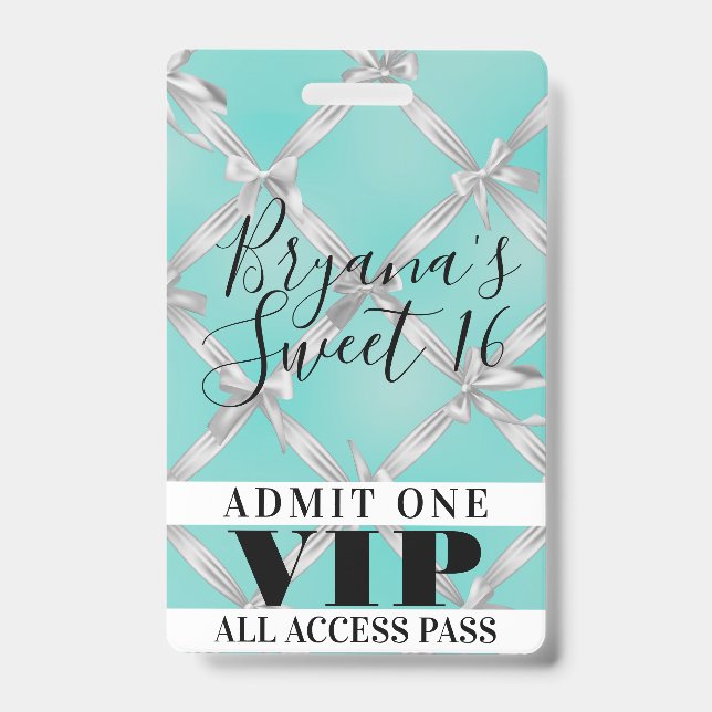 Badge Rubans Blancs Turquoise Douce Fête 16 VIP Pass Bad (Avant)