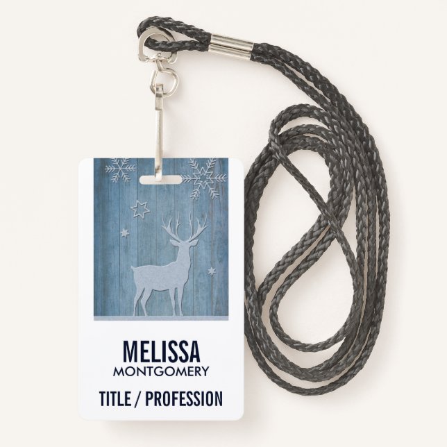 Badge Russe Bleu Bois Reindeer Pays Noël (Devant avec lanière)