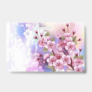 Badge Sakura rose sur fond de peinture