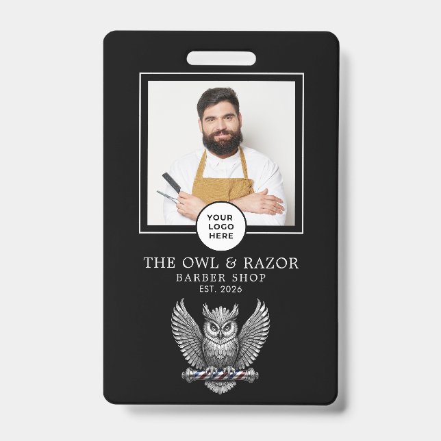 Badge Salon de coiffure moderne rasoir hibou argent pers (Avant)