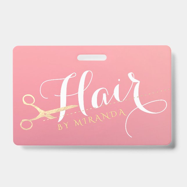 Badge Salon de maquillage moderne ciseaux d'or rose (Avant)