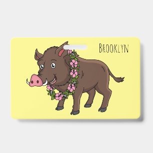 Badge Sanglier de dessin animé mignon et fleurs