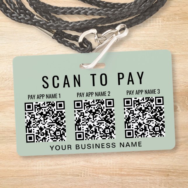 Badge Scanner d'entreprise pour payer 3 codes QR Vert sa (Business Scan to Pay 3 QR Codes Sage Green Badge)