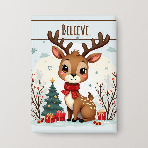 Badge Scène mignonne de rennes de Noël dans une forêt en