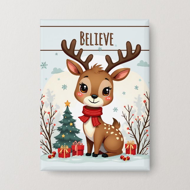 Badge Scène mignonne de rennes de Noël dans une forêt en (Recto)