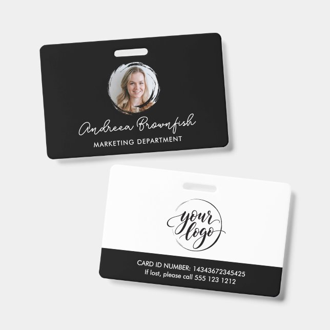 Badge Script de logo de photo noir simple Carte d'identi (Avant & arrière)