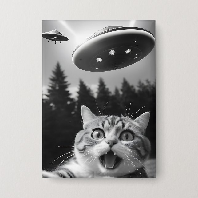 Badge Selfie de chat drôle avec des drones Aliens UFO (Recto)