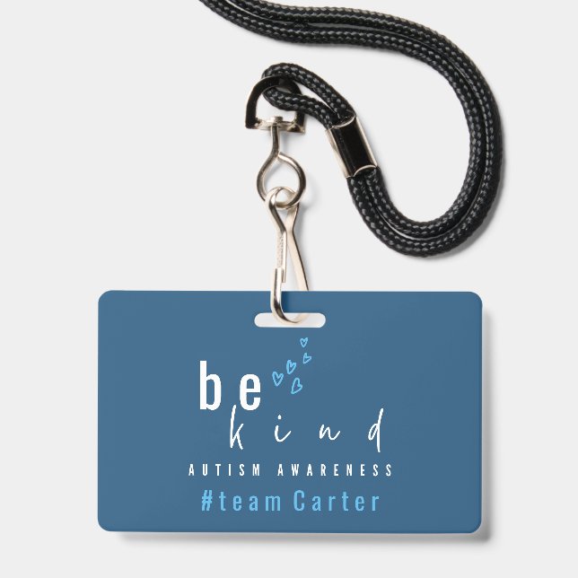 Badge sensibilisation à l'autisme soyez gentil bleu #nom (Avant avec lanière)