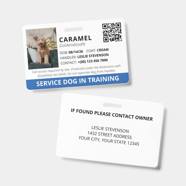 Badge Service de code QR personnalisé bleu Chien d'assis (Avant & arrière)