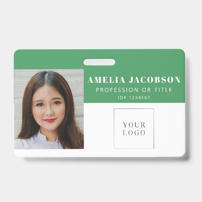 Badge Simple Green Employé Photo ID Logo Code-Barres  (Avant)
