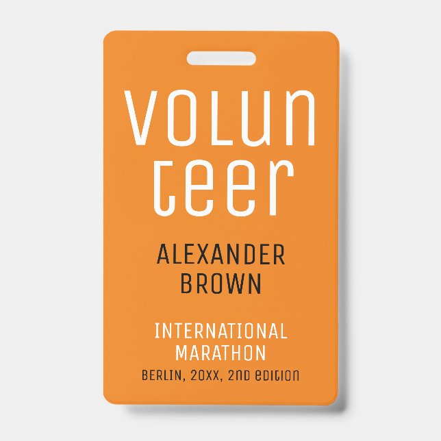 Badge Simple Orange Event Volunteer QR Code Nom ID (Avant)