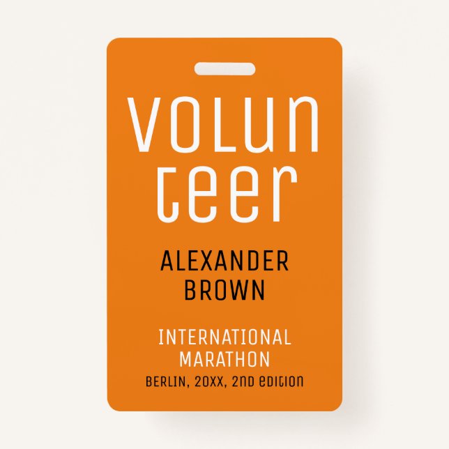 Badge Simple Orange Event Volunteer QR Code Nom ID (Devant)