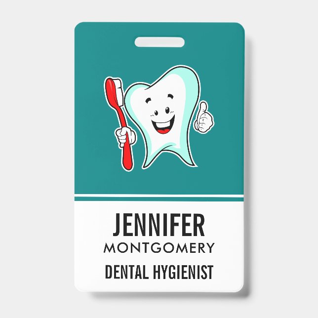 Badge Soins Dentaires Dent Heureuse avec Brosse à Dents (Avant)