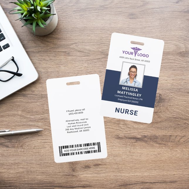 Badge Soins personnalisés Logo et photo des employés de  (Medical Professional Nurse Blue Purple Photo ID Badge)