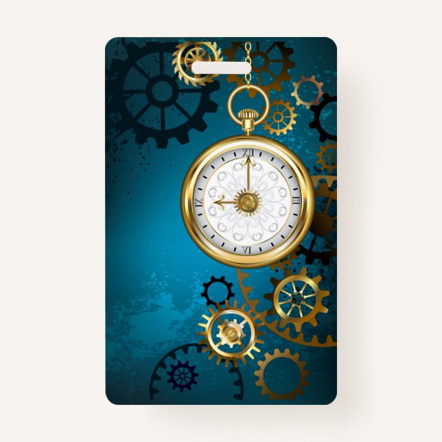 Badge Steampunk turquoise Background with Gears (Devant)