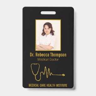 Badge Stéthoscope doré ECG Wave EKG Line Photo d'ident