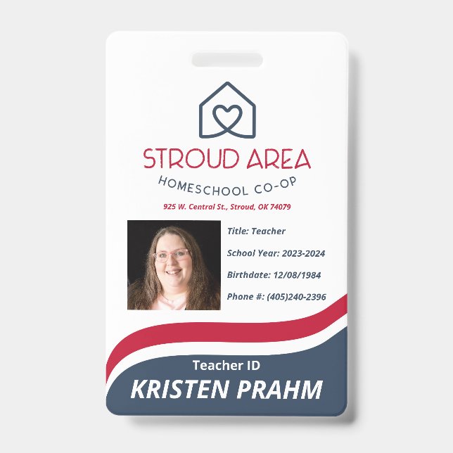 Badge Stroud Area Homeschool Enseignant/Carte d'identité (Avant)