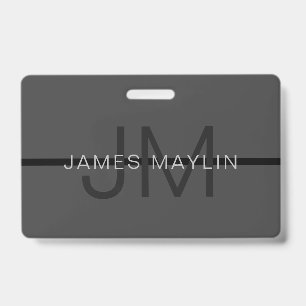 Badge Stylé Masculin Gris Foncé Nom & Monogramme