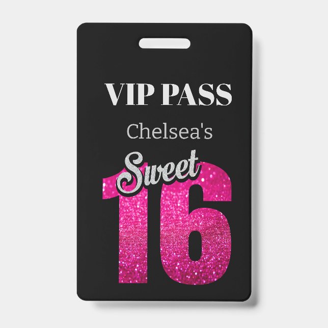 Badge Sur mesure Élégant Anniversaire Noir Sweet 16 VIP (Avant)