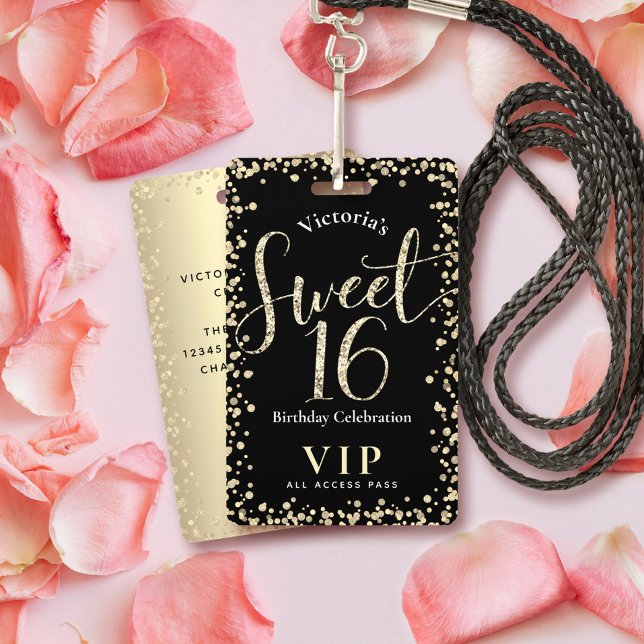 Badge Sweet 16 Chic Black Gold Parties scintillant Anniv (Créateur téléchargé)