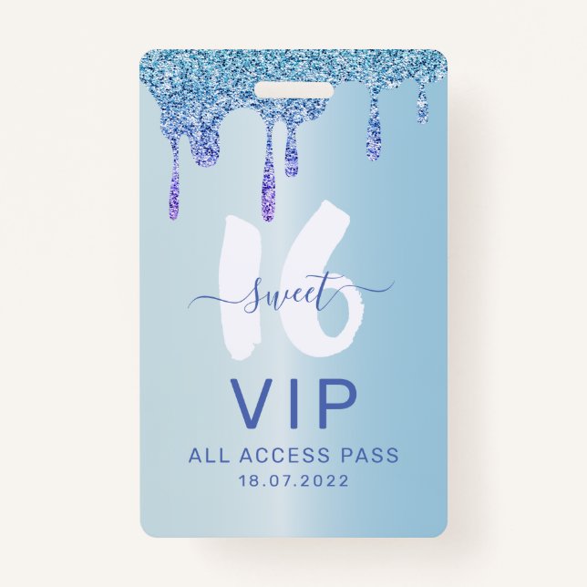 Badge Sweet 16 Ice Blue Metallic Invitation Anniversaire (Devant)