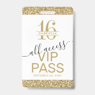 Badge Sweet 16 Invitation VIP Pass Blanc et or