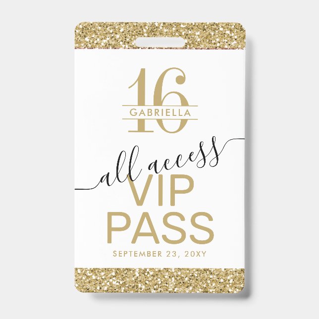 Badge Sweet 16 Invitation VIP Pass Blanc et or (Avant)